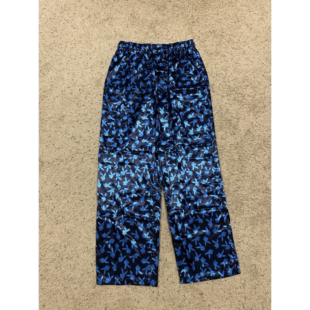 Vtg Playboy sz L Men's Satin Bunny Print Pajama Lounge Pants Hugh Hefner E25